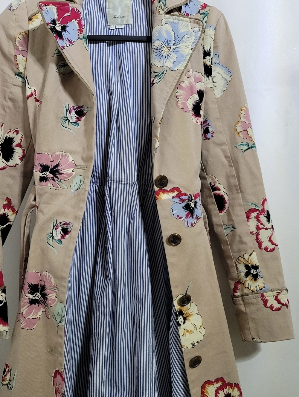Anthropologie Elevenses Beige Floral Pansy Corset Trench Coat with Belt, Size 0 - Picture 5 of 8